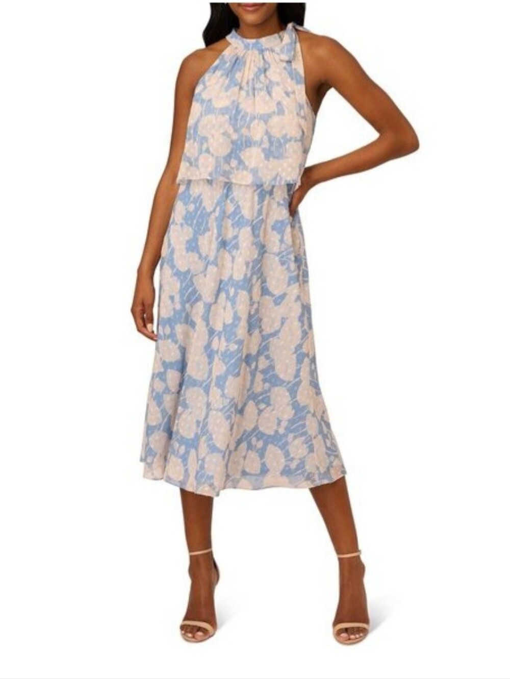 Adrianna Papell Printed Floral Chiffon Popover Dress Light Blue 10